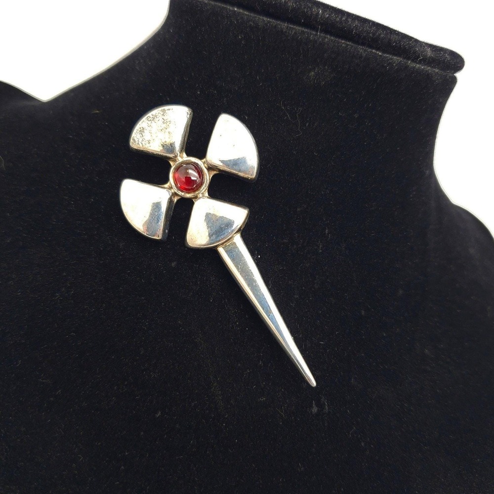 Sterling Silver 925 Garnet Brooch Modernist Pinwheel Lapel Pin Celtic Vintage 9g